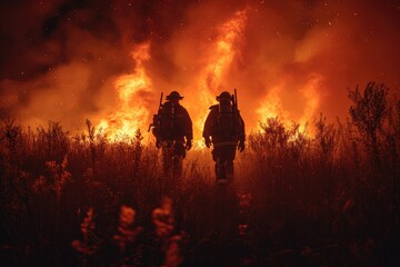 Fototapeta premium A lone firefighter braves the intense heat and billowing smoke of a raging wildfire, their silhouette illuminated by the fiery glow of a distant mountain and the embers of a nearby bonfire