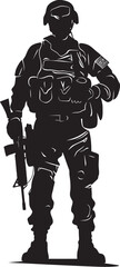 Stealth Defender Iconic Vector Depicting a Military Man with a Gun in Bold Black Tactical Avenger Black Logo Illustrating the Strength and Readiness of a Soldier