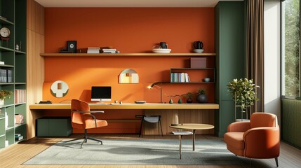 Minimalist Home Office with Orange and Green Wall