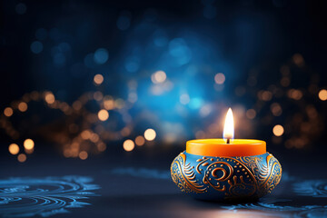 Beautiful burning candle on blue graphic background