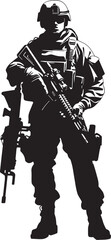 Tactical Guardian Vector Logo Symbolizing Military Protection and Vigilance Gunmetal Sentinel Sleek Black Icon Featuring a Soldier with a Gun