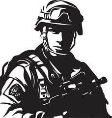Precision Guardian Sleek Black Logo Illustrating the Vigilance of a Soldier Rapid Response Marksman Iconic Design of a Soldier Ready for Immediate Action