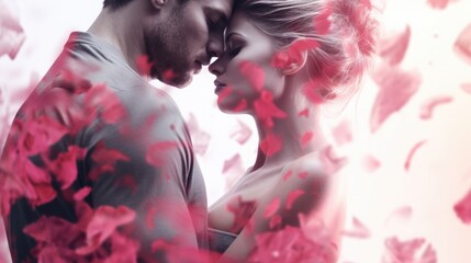 card for Valentine's Day and February 14th. young man and woman hugging. flowers and rose petals fall on the couple - obrazy, fototapety, plakaty