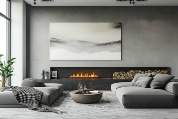 Mock up poster in modern home interior with fireplace, 3d render