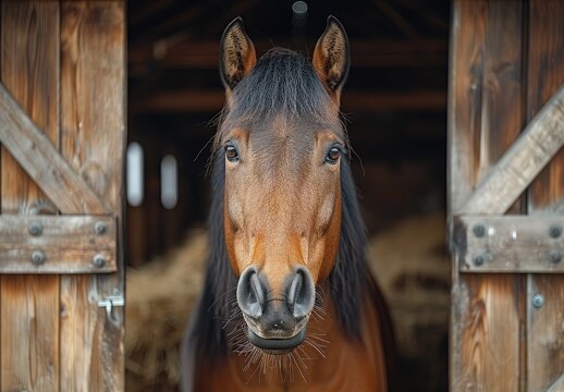 A majestic sorrel mustang horse stands tall, peering through a wooden stable door with its lustrous brown mane cascading over its powerful mammalian frame, exuding an air of curious intelligence and 