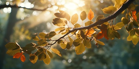 orange leaves on branch in autumn on bokeh background