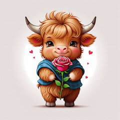 Happy cute highland cow stands and holding a rose. Valentine’s day clip art illustration isolated on a white background. Ready to print and easy to use