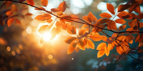 orange leaves on branch in autumn on bokeh background