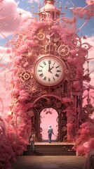 A tiny man stands near a pink, magical, mysterious large clock. past and future. concept of wasting time.