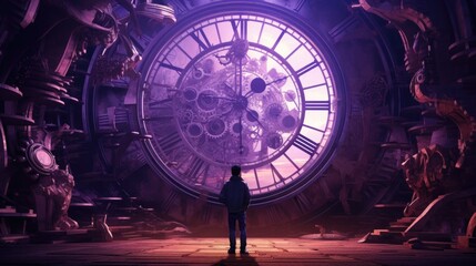 A tiny man stands near a violet, lilac, magical, mysterious large clock. past and future. concept of wasting time.