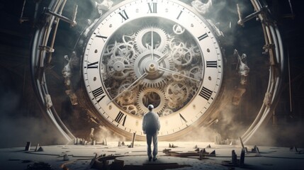 A tiny man stands near a white, magical, mysterious large clock. past and future. concept of wasting time.
