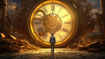 Obraz premium A tiny man stands near a white, magical, mysterious large clock. past and future. concept of wasting time.