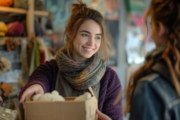 Delighted employee engaging with a customer in a vibrant store.