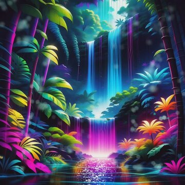 tropical forest waterfall view with neon colorful style, 4k tropical forest waterfall animation