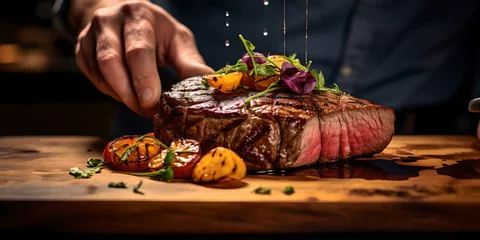 Fotobehang Chef's finishing touch to a juicy steak garnished with fresh herbs and grilled vegetables. gourmet meal prep in focus. AI © Irina Ukrainets