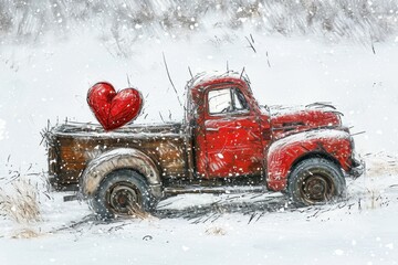 Red heart stands out against a toy truck in snow.