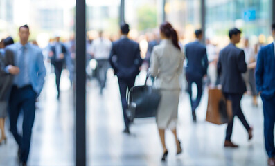 group of people walking in airport, abstract motion blur image of business people crowd walking at corporate office in city downtown, blurred background, business center concept, Cinematic color tone