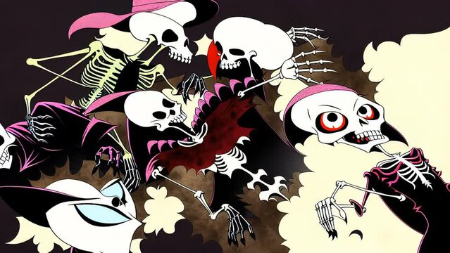 Generative ai animation of monsters in a Halloween decoration. Cartoon witch, zombie and skeleton characters in vector style.
