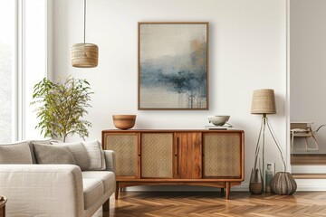 Retro, wooden cabinet and a painting in an empty living room interior with white walls and copy space place for a sofa. Real photo.