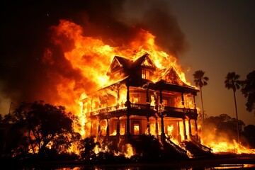 The mansion is completely engulfed in flames. Fire and a high column of smoke above the house. - obrazy, fototapety, plakaty