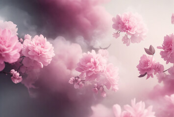 Fototapeta premium pink blossom in spring, Beautiful wallpaper with pink flowers into milky smoke. Elegant floral wallpaper pattern featuring red and white flowers with lush green leaves on a dark background