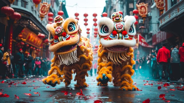 Two colorful lion dance costumes in action during a festive street celebration with red lanterns and confetti Chinese New Year