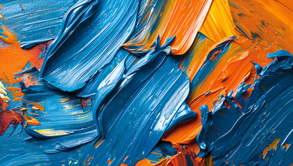 Vibrant hues dance in an abstract masterpiece, as orange and blue paint collide in a captivating display of artistic expression