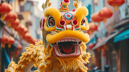 Close-up image of a Chinese New Year lion dance head with detailed costume in a festive street...