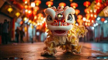 A captivating white lion dance costume prowls under a canopy of glowing lanterns during a nighttime...