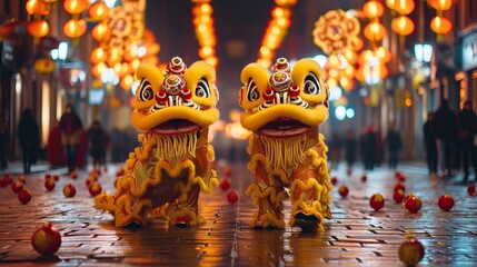 Lion dancers parade down a lantern-lit street at night, with scattered red apples on the ground,...
