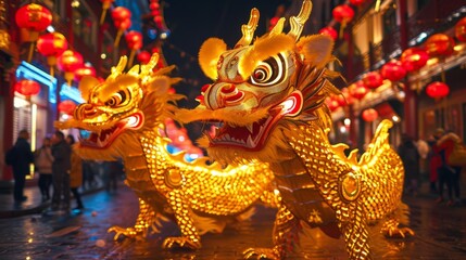 Golden dragon dance in full swing at night with bright red lanterns lining the festive streets in...
