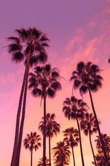 Fototapeta na wymiar palm trees at sunset, palm trees under pink sky, generative ai
