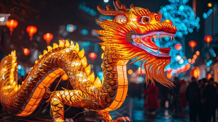 An illuminated golden dragon winds through a bustling street festival under the glow of red lanterns at night in Chinese New Year celebration