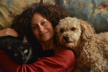 Homey happiness: A woman smiles while holding a black cat in one hand and sharing a moment of closeness with her curly-haired dog