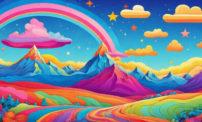 Fototapeta na wymiar landscape with rainbow and clouds. Fantastic style hippie psychedelic landscape with mountains in the form of colorful stripes and blue sky and stars. Cartoon vector illustration