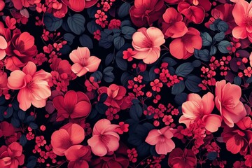 Seamless Red and Pink Floral Pattern on Black Background