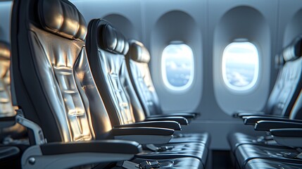 a row of seats in an airplane with the windows open and the seats facing the side of the plane - obrazy, fototapety, plakaty