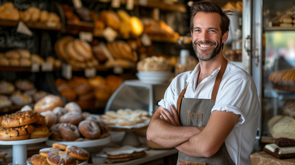 Portrait of a male owner of a bakery shop. Small business concept. - obrazy, fototapety, plakaty