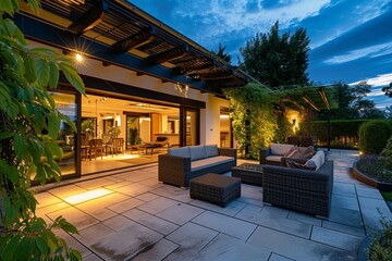 Summer evening on the terrace of beautiful suburban house with patio with wicker furniture and lights - obrazy, fototapety, plakaty