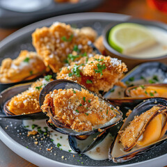 A close-up view of fried Belgian mussels garnished with herbs, served on a plate with lime wedges and sauce, showcasing a delightful culinary presentation.