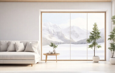 minimalist living room interior with sofa on a wooden floor, decor on a large wall, white landscape in window. Home Nordic interior. High quality illustration