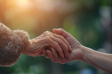Taking care of the elderly concept with young woman holding the hand of a senior, Generative AI illustration - obrazy, fototapety, plakaty