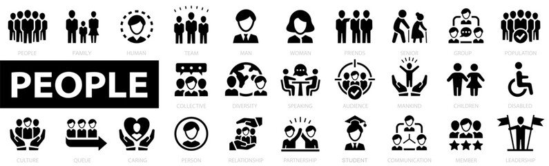 People icon set. User icon. Group, family, human, team, community, friends, population, senior, queue, diversity, audience and more. Vector illustration - obrazy, fototapety, plakaty