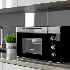 A clean and modern kitchen with a sleek black oven, reflecting the contemporary aesthetic.
