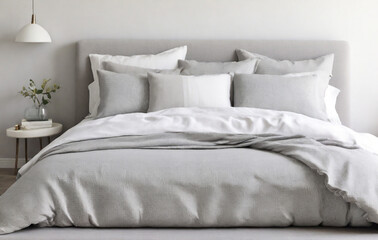 bed with pillows, Relaxing bedroom detail of bed with gray and white linen textured bedding. High quality illustration