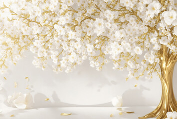 golden  tree. Photo 3d wallpaper floral tree background with white flower leaves and golden stem interior wall