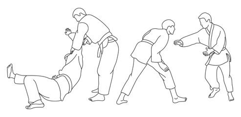 Line  sketch of sportive judoka fighter. Judoist, judoka, athlete, duel, fight, judo, isolated vector