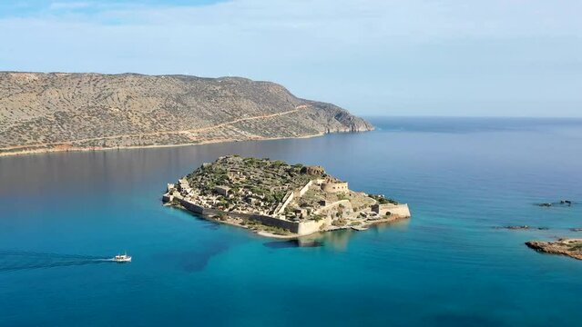 Aerial view of the island of Spinalonga, gulf of Elounda, Crete, Greece.