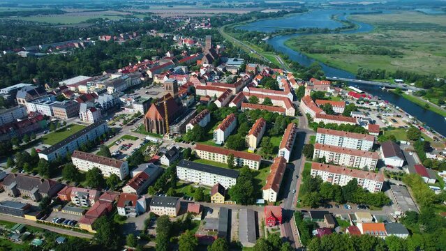 Aerial view of the city Anklam in Germany on a sunny day in summer