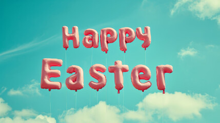 Pink Happy Easter text from  air balloons on blue sky background